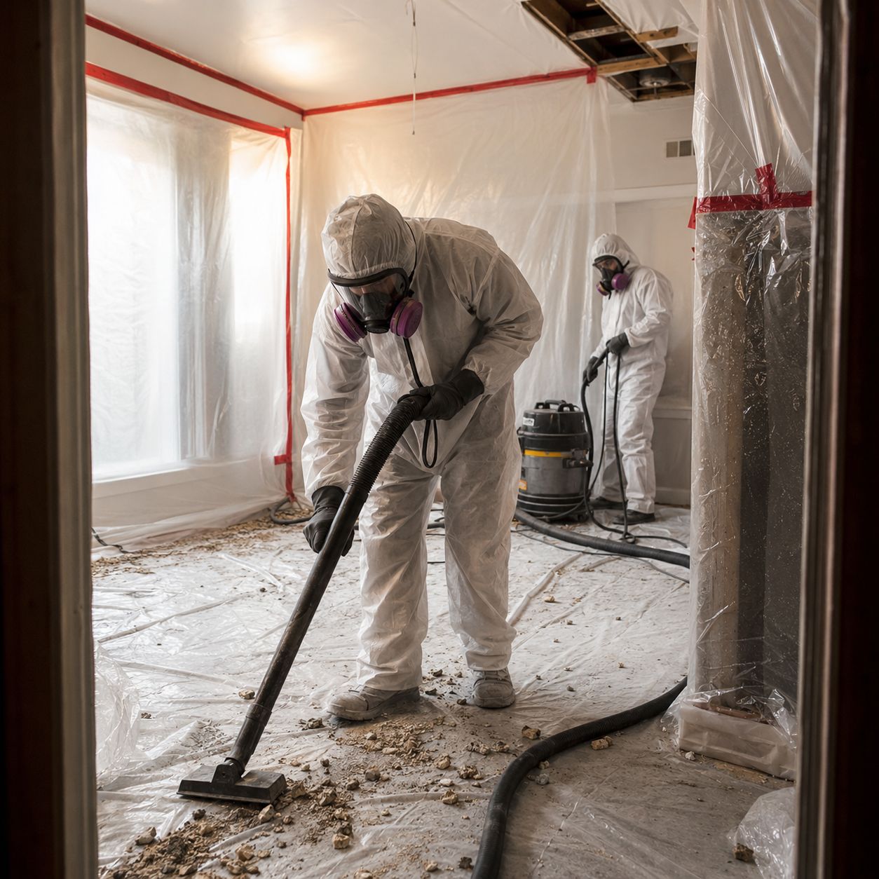 Certified asbestos abatement team removing wall materials inside containment