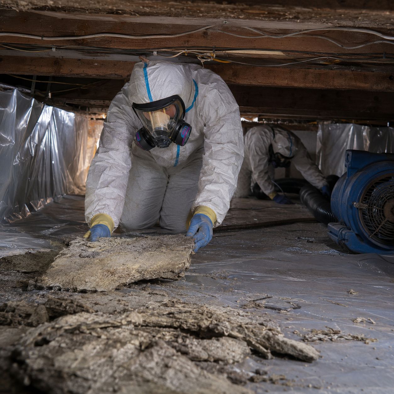 Licensed technicians removing asbestos attic insulation in full protective gear