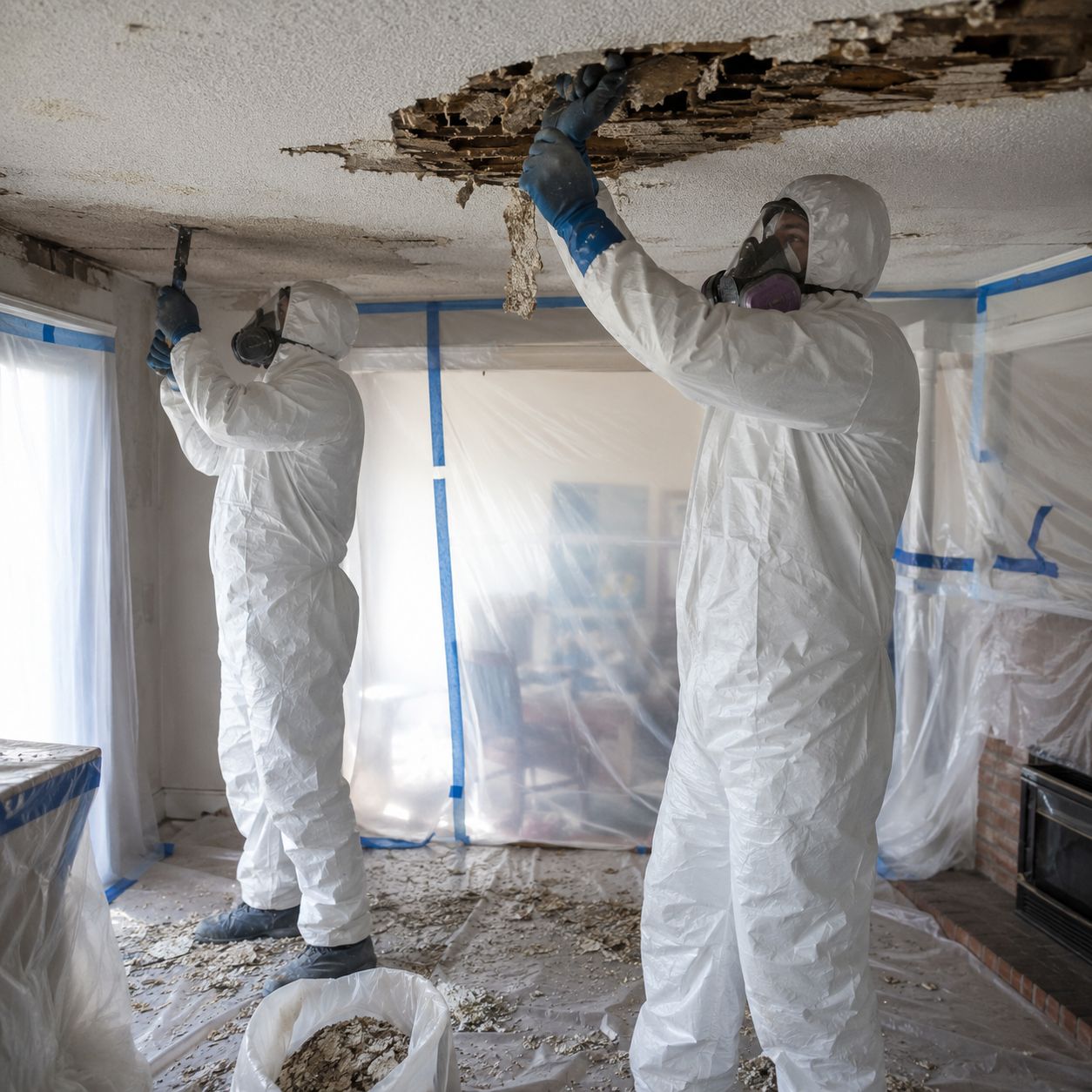 EPA certified specialists removing asbestos ceiling tiles in commercial building